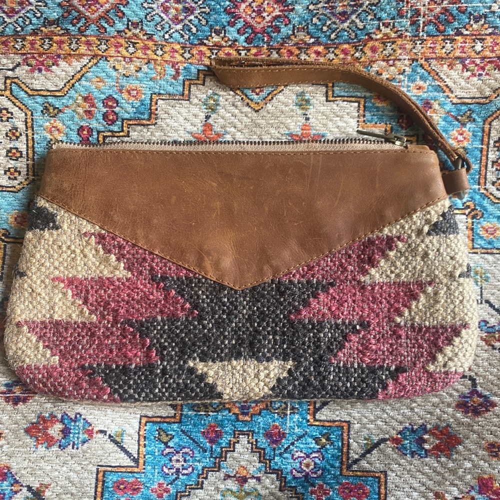 Free people wristlet with genuine leather and artisan tapestry 7” x 10” lined
